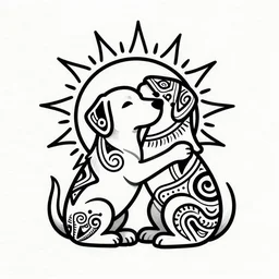 tattoo sketch of a dog hugging the sun, on a canva, polynesian style, maori, ornament, lines, vector,