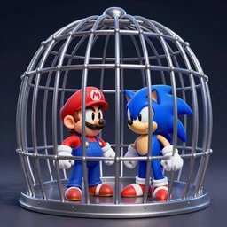 Mario and Sonic in a death battle inside giant metal cage, 30mm, digital art, HD, trending on artstation
