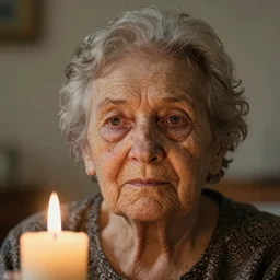 a close up portrait of one solitary old underweight lady frozen, full colour, hyper realistic photo, candle light, shallow depth of field, upscale, 8 k, masterpiece,