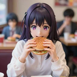 complete figure of goth girl wearing a comfy blouse, scene shows a person eating hamburger, personification, tsurime eyes, tareme eyes, eyes by kon satoshi, dynamic pose, amiami, aniplex, kotobukiya, good smile company, beautiful composition, 4 5 mm lens, focal length 2, hdr