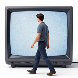 a man walking into a television with static on it, detailed digital art