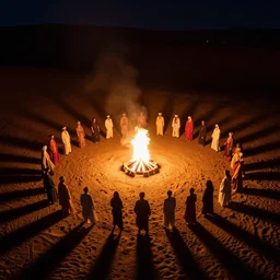 stunning night aerial photograph of doofers in the desert around a fire circle, accurate bodies, diverse costumes, 8 k, ultra clear detailed