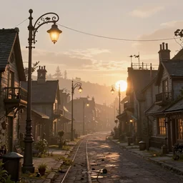 a steampunk village by albert kiefer, sunrise, streetlights, atmospheric, beatiful atmosphere, wires on the ground, inspired by sherlock holmes trending on artstation, photo realistic, octane render