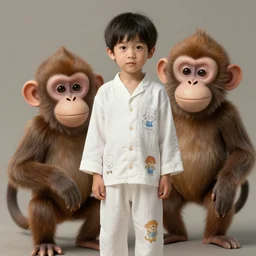 young boy wearing white fabric pajama with cartoon paintings on it standing infront of a small furry smiling monkey. highly detailed, digital painting, artstation, concept art, smooth and sharp focus, cg by tian zi and wlop and alphonse mucha