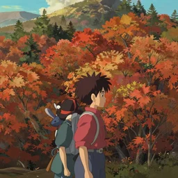 a beautiful screenshot of the autumn forest from the anime by Hayao Miyazaki, landscape background, anime pixiv