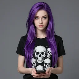 thin white girl with long purple hair wearing a black t - shirt with skulls on the shirt and holding a beer, standing next to a raven. full color digital illustration in the style of don bluth, artgerm, artstation trending, 4 k