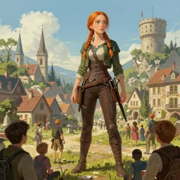 Giant Katniss Everdeen stands next to a town, surrounded by people, sci-fi digital painting by Simon Stålenhag, trending on ArtStation, Gulliver's Travels