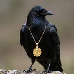 odin's raven holding a gold pendant by its chain