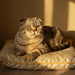 content Scottish fold basking in the sunlight lying on a pillow portrait, atmospheric lighting, painted, golden ratio, golden hour, intricate, highly detailed by Rembrandt
