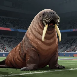 a dark fantasy illustration of an enormous walrus on an NFL sideline
