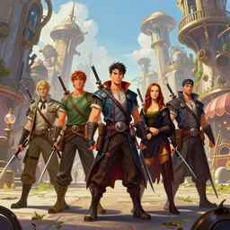 colored pencils an epic fantasy comic book style painting of a 5 thieves standing in a group posing for a picture in a fantasy steampunk city, light and vibrant, fine details, no repeat, concept design, contrast, kim jung gi, pixar and da vinci, trending on artstation, 8 k, ultra wide angle