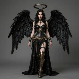 black angel, beautiful woman, black wings, rich details, full body steampunk, by rockin'jelly bean