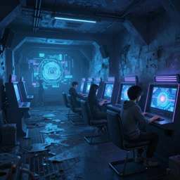 a net cafe in the underground, with soft blue light, weirdcore, digital art, detailed, artstation hq