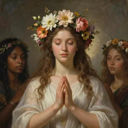 the Divine Feminine, Beautiful, Flower Crown of the Gods, Woman, All Races, All Cultures, Female, Birth of creation, Mother Earth, Divinity, Hope, Ethereal, Renaissance Painting, Atmospheric Lighting, artstation trending
