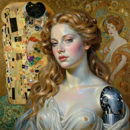 Masterpiece painting of Sofia Vergara as a Venus drawn by Donato Giancola and Tom Bagshaw, face by Artgerm and Edmund Leighton, Alphonse Mucha, background by James Jean and Gustav Klimt, 4k, partial robotic body, volumetric Lighting, porcelain skin, komorebi, french nouveau, trending on pixiv