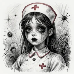 low angle surrealism crayon cartoon grunge of a creepy horror nurse girl . intricate artwork. nightmare fuel. terrifying. by zdzisław Beksiński, wlop, dan mumford , trending on artstation, greg rutkowski very coherent symmetrical artwork. cinematic, hyper realism, high detail, octane render, 8k