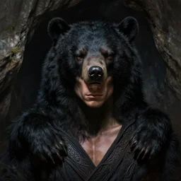 male warrior is blessed by the black bear god, inside a cave, highly detailed, detailed face, smooth, sharp focus, chiaroscuro, digital painting, artgerm, greg rutkowski, alphonse mucha, octane render