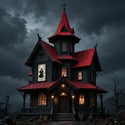 Dark and Gloomy Witch house with red roof, black tarot awe and magic,  in style of Anne Stokes
