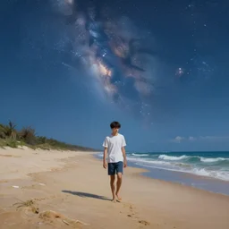 a teenager,walking on the sand,starry sky,panorama,highly details,oil painting,8k