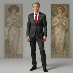 romi rain wearing a business suit, grey hair, red necktie, cinematic, stunning, highly detailed, digital painting, artstation, smooth, hard focus, full body shot, illustration, art by artgerm and greg rutkowski and alphonse mucha
