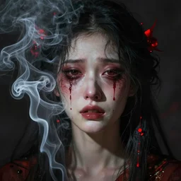 creepy woman sad crying face made of smoke and ash, beksinski, deep eyes, dark atmosphere, red ornaments