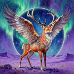 a colored - pencil oil drawing of a majestic auroral cosmic - hyperspace winged and feather - covered deer - fox - griffon stands in the stargate portal in a vast purple desert, vibrant sci - fi oil painting, highly detailed fantasy scenery. runic markings on a god fox stag, by kinkade monet, divine beast.