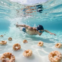 swimming out to sea in an ocean filled with milk instead of seawater. nearby sparse huge human size fruit loops cereal bob up and down in the translucent milk ocean. just keep swimming. octane 3 d, ue 5, 4 k, award winning, dramatic lighting, subsurface scatter, digital art.