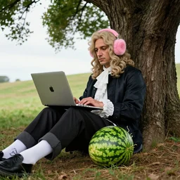 sir isaac newton sitting under a tree on a hill holding a macbook - pro and wearing pink furry headphones, a big crushed watermelon is lying on the ground next to him, fashion photography