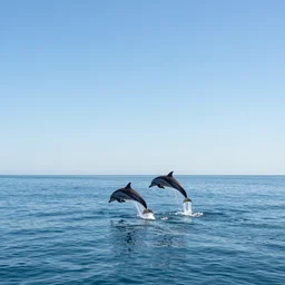 sea, summer, clear beautiful sky, bright sky, dolphins jumping, peaceful, amazing, by andreas rocha and john howe, and Martin Johnson Heade, featured on artstation, featured on behance, golden ratio, ultrawide angle, f32, well composed