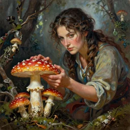 A mixed media portrait painting of a beautiful mycologist woman tending her amanita muscaria mushroom grove, detailed Aesthetic! face and eyes, slavic, by Frank Frazetta, Greg Rutkowski, Beeple, Boris Vallejo, Christian MacNevin, epic fantasy character art, high fantasy, CGsociety, full length, exquisite detail, post-processing, masterpiece, cinematic