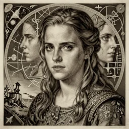 realistic medieval etching of emma watson, high detail, elaborate composition, quality draughtmanship, detailed faces. by austin osman spare, occult art, alchemical diagram