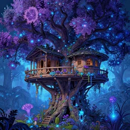 an elaborate treehouse overgrown by bioluminescent, purple, blue, glowing plants, an ultrafine hyperdetailed illustration by kim jung gi, irakli nadar, intricate linework, bright colors, octopath traveler, final fantasy, unreal engine 5 highly rendered, global illumination, radiant light, detailed and intricate environment
