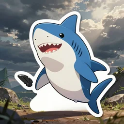 die cut sticker of anime chibi cute smiling shark drawn by artgerm