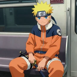 naruto as cyberpunk 2077 character sitting on a train holding a katana