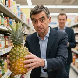 rowan atkinson as mr. beans stealing a pineapple from target store, johnny english, focused face, realistic photo, uhd