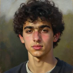oil painting by ilya kuvshinov, baugh casey, rhads, coby whitmore, of a youthful persian - indian college student, male, handsome, high cheekbones, large sensual mouth, curly black hair, outdoors, highly detailed, breathtaking face, studio photography, dawn, intense subsurface scattering, blush, supple look, innocence, intense sunlight