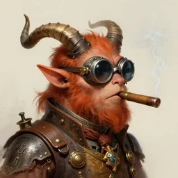 ! steampunk!!! satyr!!, side profile portrait, three horns, goggles, smoking a cigar, auburn, digital painting by hiroshi yoshida, trending on artstation