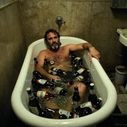 the upper wide shot of the old dirty bathroom, drunk bearded joaquin phoenix lying in cast iron bath, bath filled with empty beer bottles, still shot from the movie of stanley kubrick, dark old room, anamorphic, kodak film, sharp focus, realistic, ultra wide 1 2 mm lens, 8 k