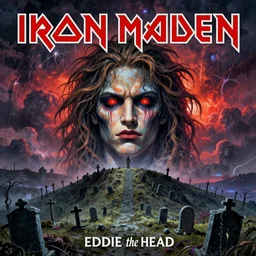 Epic realistic poster of the very extremely detailed face and body of Eddie the Head from Iron Maiden art magnificently lit by supernatural weather while raging at the vibrant sky on a very steep hilltop at the center of an endless eerie graveyard