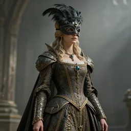 elegant and grace female boss in elden ring. renaissance noble costume, masked, feathers, concept art, cinematic, epic wide shot, artstation, sharp focus, smooth, establishing shot, sense of awe. delicate features. alluring. navigator gear. poster style, ultra realistic. ultra detailed, volumetric light. unreal engine. 8 k.
