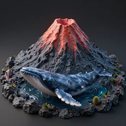 a octane render of volcano and a tiny whale inside a boel, close - up studio photo, lighting path traced, highly detailed, high quality, hyper - realistic, max accurate,