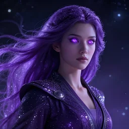 epic portrait cinematic shot the galaxy goddess, flowing purple glittery hair, glowing purple eyes, an space robes, space backround, fine details. night setting. realistic shaded lighting poster by craig mullism, artgerm, jeremy lipkin and michael garmash, unreal engine, radiant light, detailed and intricate environment, digital art, trending on art station,