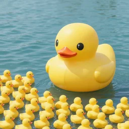 A photo of a large rubber duck giving a rousing speech to an army of smaller rubber ducks, shot from above