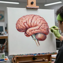 an android making an oil painting of a human brain on a canvas in a high - tech artists studio