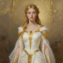 perfect painting of an elven woman dressed in white and gold