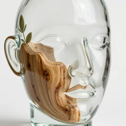 a glass sculpture close up of a face with wood detail and few leaves concept eclectic, high detail