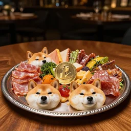 a charcuterie board of doge face, shiba inu pieces, doge meme food, dogecoin, shiba inu dog, pieces of doge in the silver plate, wooden table, exquisite restaurant, five stars michellin, professional food shot, gourmet dish, with veggies. low light, bokeh, masterpiece.