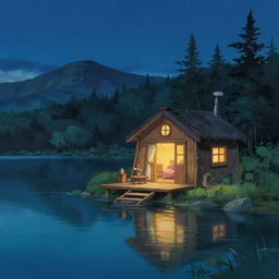 Studio Ghibli cozy hut Alaskan lake at night, stars, reflection beautiful HD