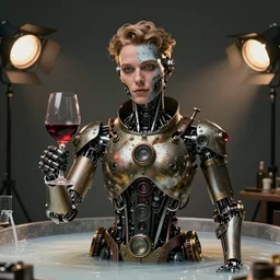 a beautiful intricate fine art portrait photo of a mechanical industrial steampunk cybernetic sommelier holding a glass of wine, by tom bagshaw and zach sutton, perfection!, milk bath photography, studio lighting, 35mm lens, very detailed, bionic, cybernetic scifi, deep depth of field, artstation, 8K, highly coherent