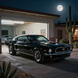a cinematic keyframe matte painting of a sleek 1 9 7 0 s vaporwave concept vehicle retro - futurism sci - fi ford mustang fast back knight rider blacked out car in an open garage in the american southwest, view from the street. in the moonlight. cactus. by eric lafforgue, glennray tutor and edward hopper, greg rutkowski. trending on artstation.
